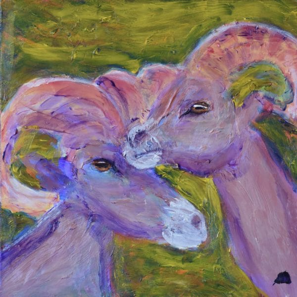 Two big-horned rams stand close as they keep their eye on the world around them. Mountain wilderness. Golden green, lavender taupe, coral pink. Large Painting by artist Donald Ryker in textured expressionist impressionist art style with unique impasto glaze technique.
