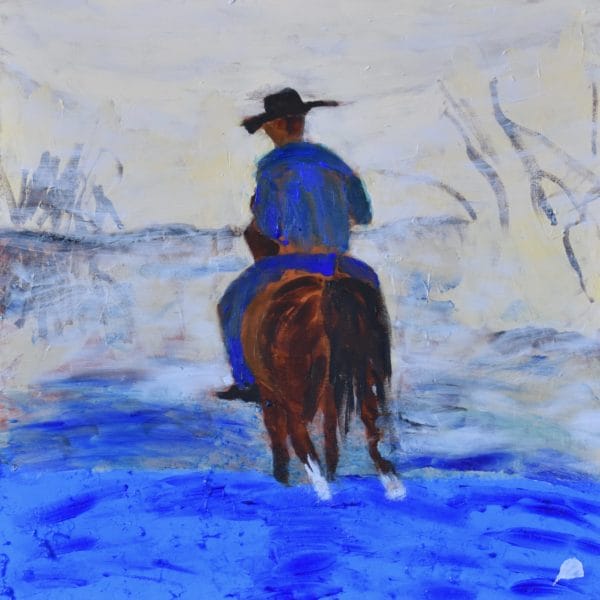 A horse and rider cross a stream in the early morning mist. Western. Blue, neutral, burnt Sienna. Large Painting by artist Donald Ryker in expressionist impressionist style with unique impasto glaze technique.