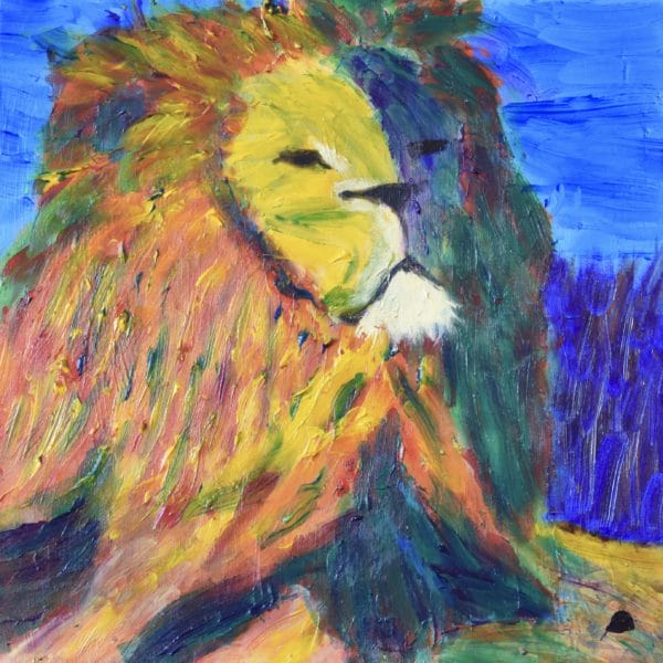 A lion surveys the world resting high above. Jungle wilderness. Bold Rainbow stained-glass colors. Large Painting by artist Donald Ryker in expressionist impressionist style with unique impasto glaze technique.