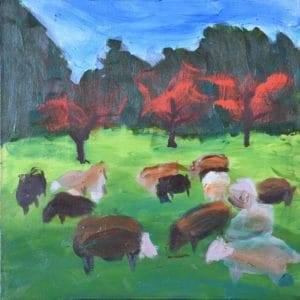 A flock of sheep graze peacefully in a shadowed and sunlit meadow with vidid red trees and forest in the background. Pastoral. Blue, green, red, and neutral. Large Painting by artist Donald Ryker in expressionist impressionist art style with unique impasto glaze technique.