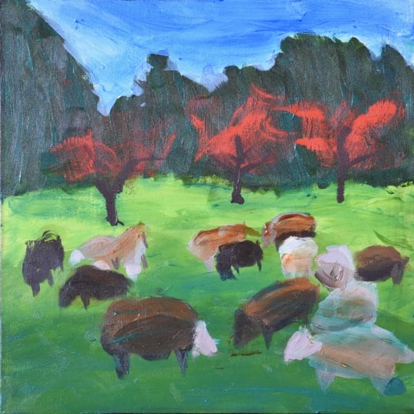 A flock of sheep graze peacefully in a shadowed and sunlit meadow with vidid red trees and forest in the background. Pastoral. Blue, green, red, and neutral. Large Painting by artist Donald Ryker in expressionist impressionist art style with unique impasto glaze technique.
