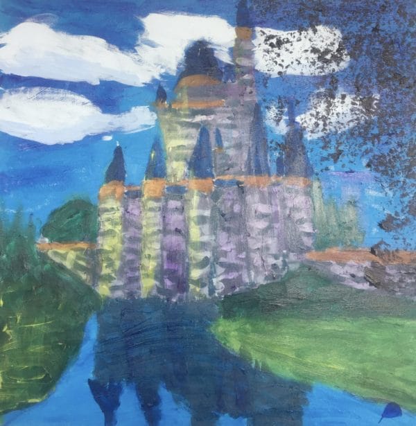 A sunlit castle reaches the clouds casting a reflection in the foreground waters. Fantasy. Blue, lavender, green. Large Painting by artist Donald Ryker in expressionist impressionist art style with unique impasto glaze technique.