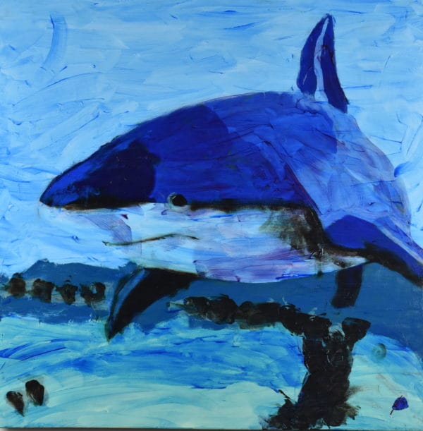 A shark glides through ocean waters. Cool tints of phalo blue. Large painting by artist Donald Ryker in expressionist impressionist style with unique impasto glaze technique.
