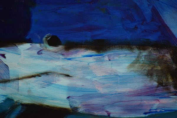 Close-up of A shark glides through ocean waters. Cool tints of phalo blue. Large painting by artist Donald Ryker in expressionist impressionist style with unique impasto glaze technique.