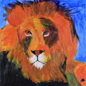 An Orange lion with orange and dark mane turns his head to look. Jungle. Orange, Purple, Blue. Large Painting by artist Donald Ryker in textured expressionist impressionist art style with unique impasto glaze technique.