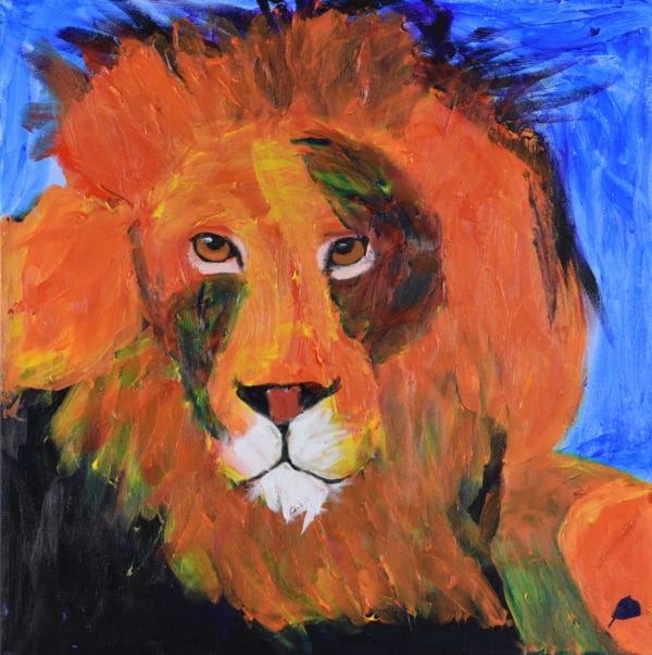 An Orange lion with orange and dark mane turns his head to look. Jungle. Orange, Purple, Blue. Large Painting by artist Donald Ryker in textured expressionist impressionist art style with unique impasto glaze technique.