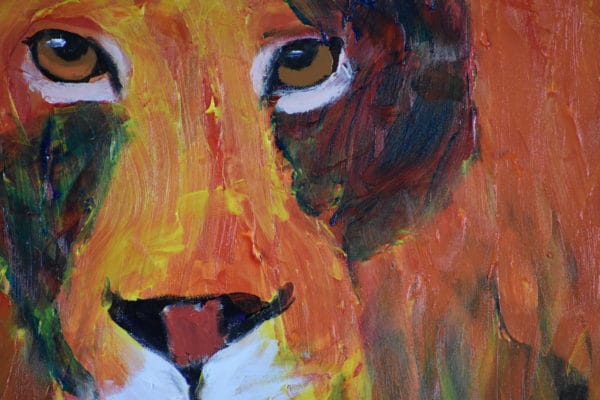 Clos-up of An Orange lion with orange and dark mane turns his head to look. Jungle. Orange, Purple, Blue. Large Painting by artist Donald Ryker in textured expressionist impressionist art style with unique impasto glaze technique.