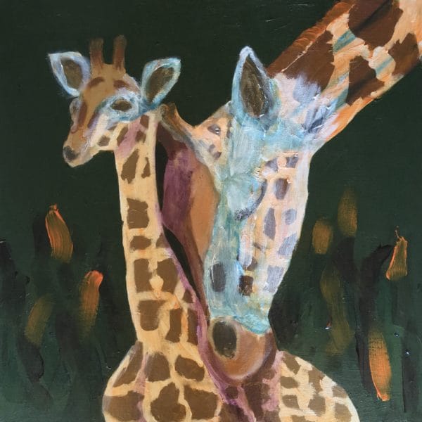A Mother giraffe nuzzles her baby. Hunter Green and Golden Orange. Large painting by artist Donald Ryker in expressionist impressionist style with unique impasto glaze technique.